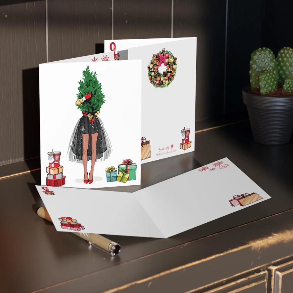x2 Fashion Christmas Card Holiday Set Sticker Envelope Cute Pretty Unique Cards